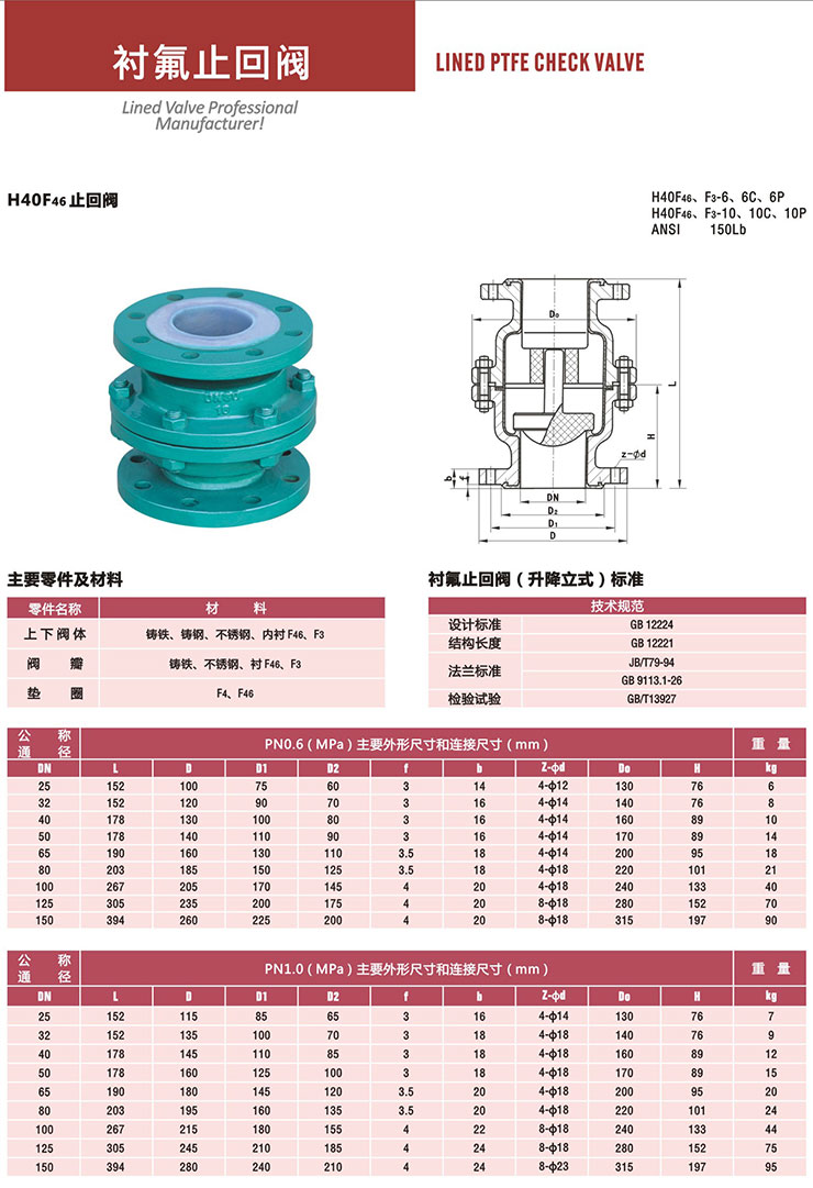 H40F46衬氟止回阀 H40F46衬氟止回阀